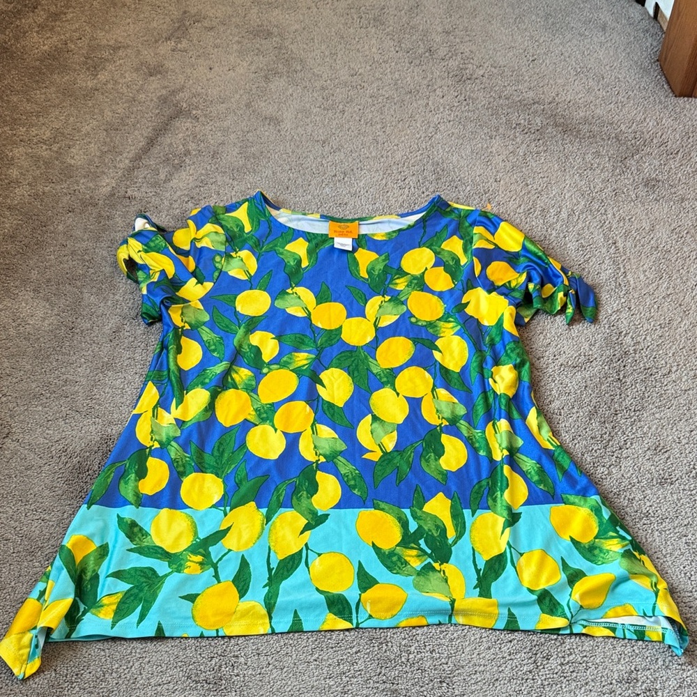 Ruby Rd. Lemon Print Tunic Top Blue Green Yellow Floral Short Sleeve SIZE Lp